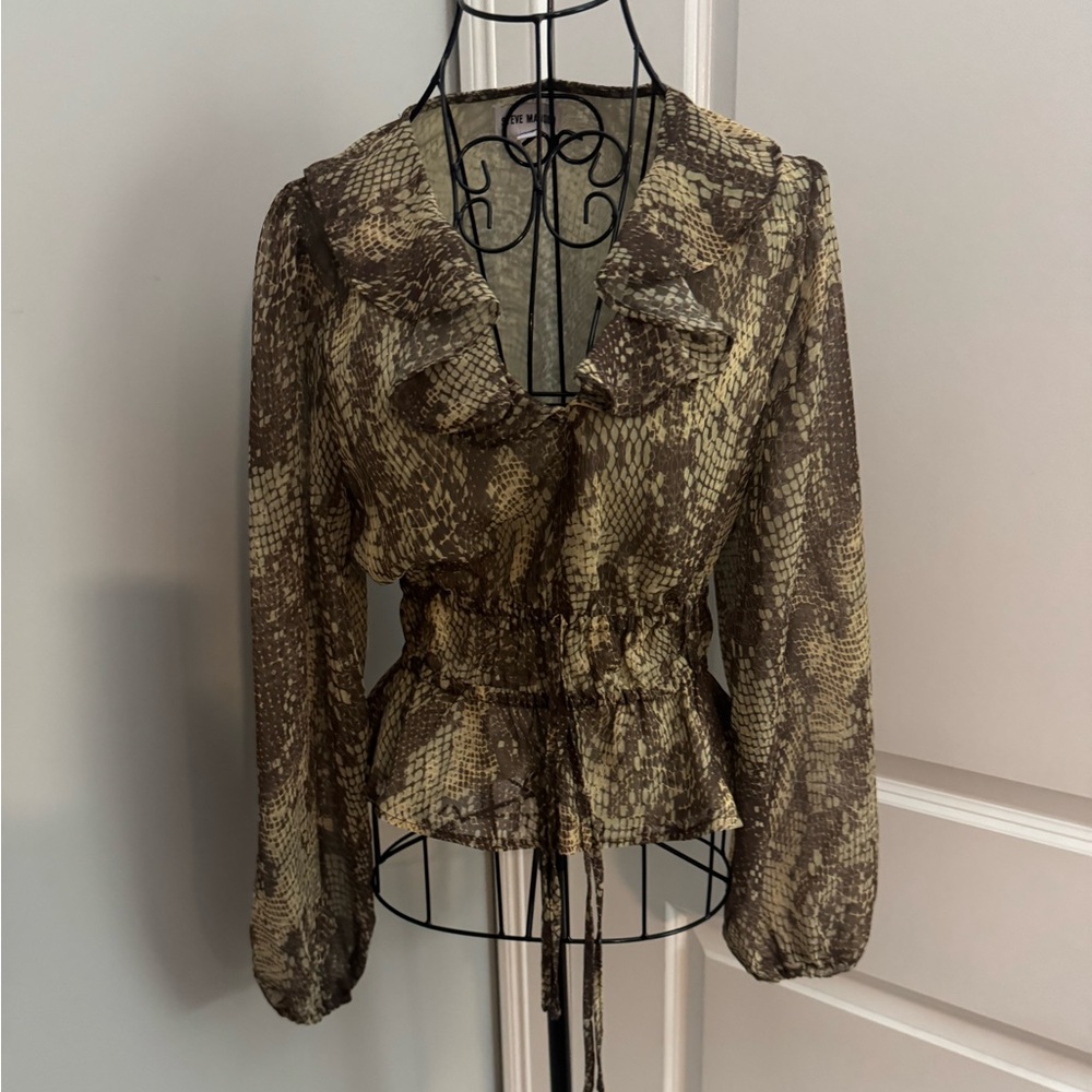 NWOT Steve Madden Women’s Ruffled Snake Print Square Neck Chiffon Blouse Size XS